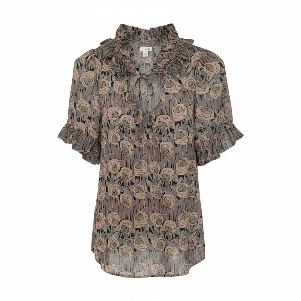 💋Odille Ruffled Tie-Neck‎ Floral Blouse - Taupe & Blush 135